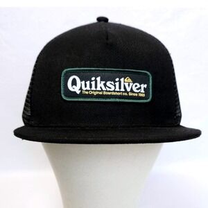 NEW QUIKSILVER BLACK MESH BALL CAP FLAT BILL HAT ADJUSTABLE SNAPBACK TRUCKER‎